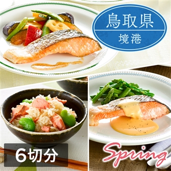 ミールキット「境港サーモン 春メニューセット」（6切分）レシピ付き（境港サーモン切身6切・グリーンアスパラ・塩あじそら豆・5色の彩りごろっと野菜ミックス各1袋）