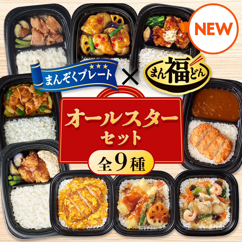 まんぞくプレート・まん福どん　オールスターセット（カツカレー・たらと野菜の黒酢あん・回鍋肉・豚肉生姜焼き・油淋鶏・チキン南蛮・かつ丼・天丼・中華丼　各1袋　計9袋）