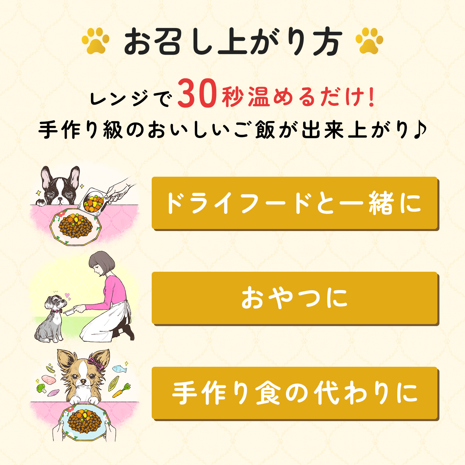「PAWSOME DELI（ポウサムデリ）」お召し上がり方。レンジで30秒温めるだけ！ドライフードと一緒に。おやつに。手作り食の代わりに。