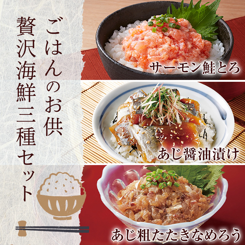 ごはんのお供 贅沢海鮮三種セット「サーモントラウト鮭とろ・あじ醤油漬け・あじたたきなめろう」